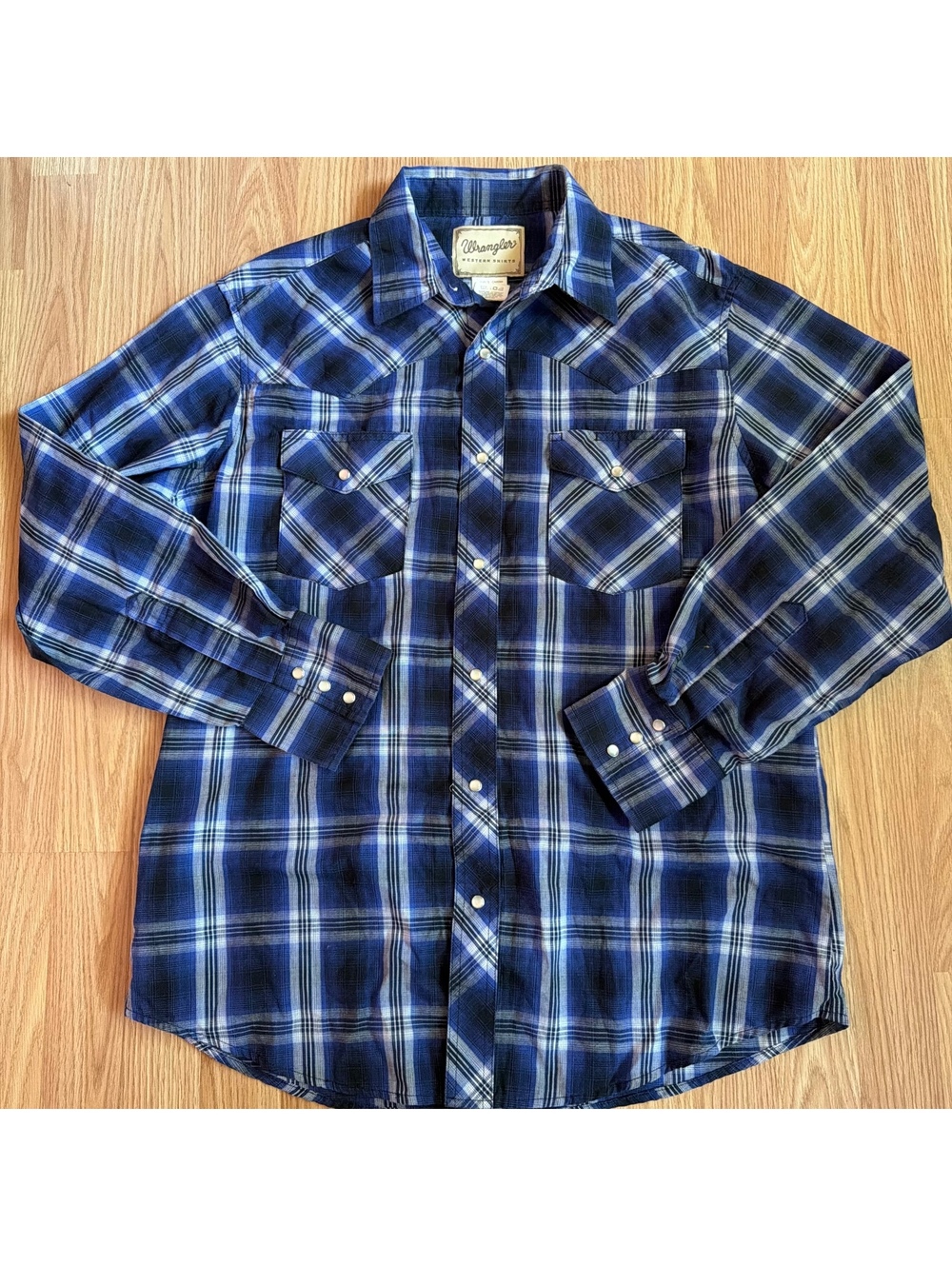 Wrangler Blue Purple Plaid Western Pearl Snap Size Large